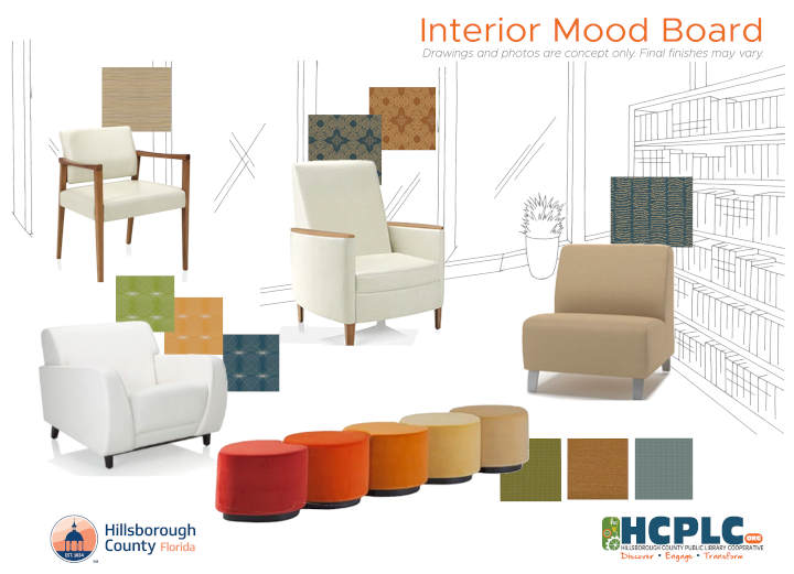 Interior Mood Board with library furniture and matching fabrics