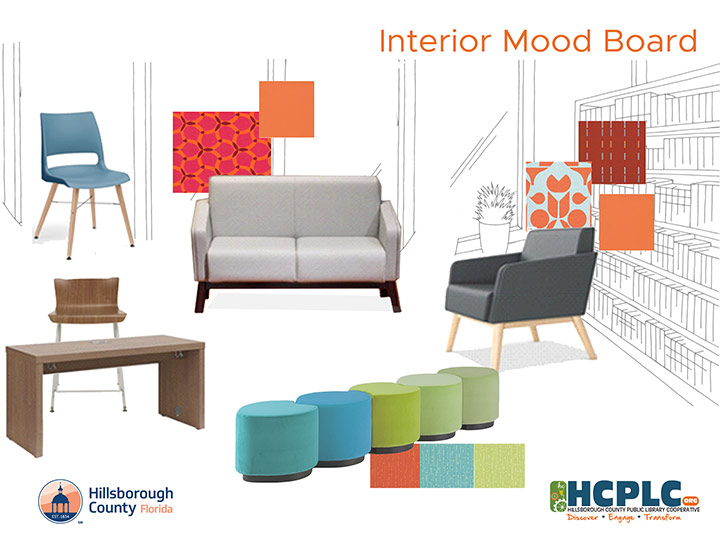 Interior Mood Board with library furniture and matching fabrics