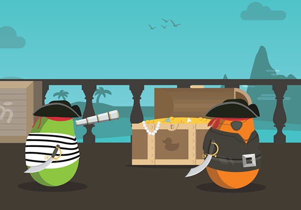 Cartoon mangoes dressed up as pirates.